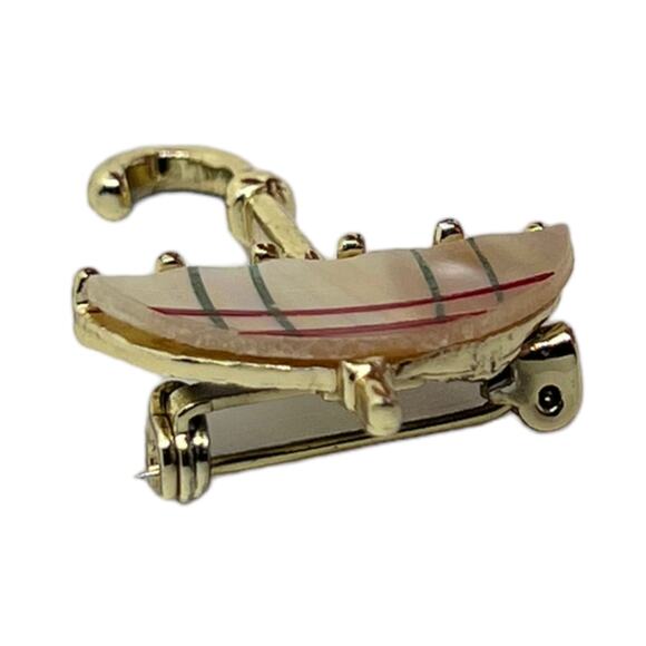 Vintage Umbrella Brooch Pin Mother of Pearl Red Stripe Gold Tone 1960s Parasol - Picture 5 of 15